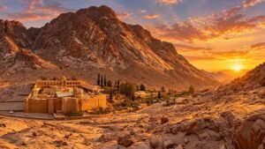St Catherine’s Monastery below the mountains at sunset
