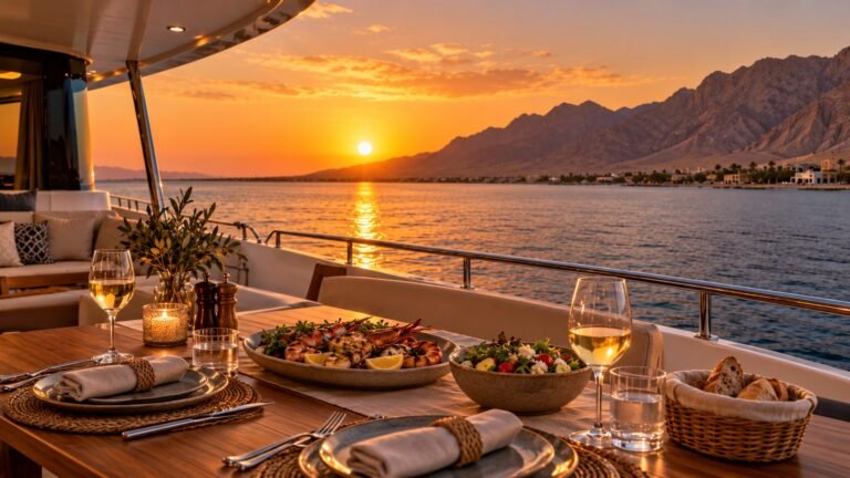 Yacht au coucher du soleil avec dîner